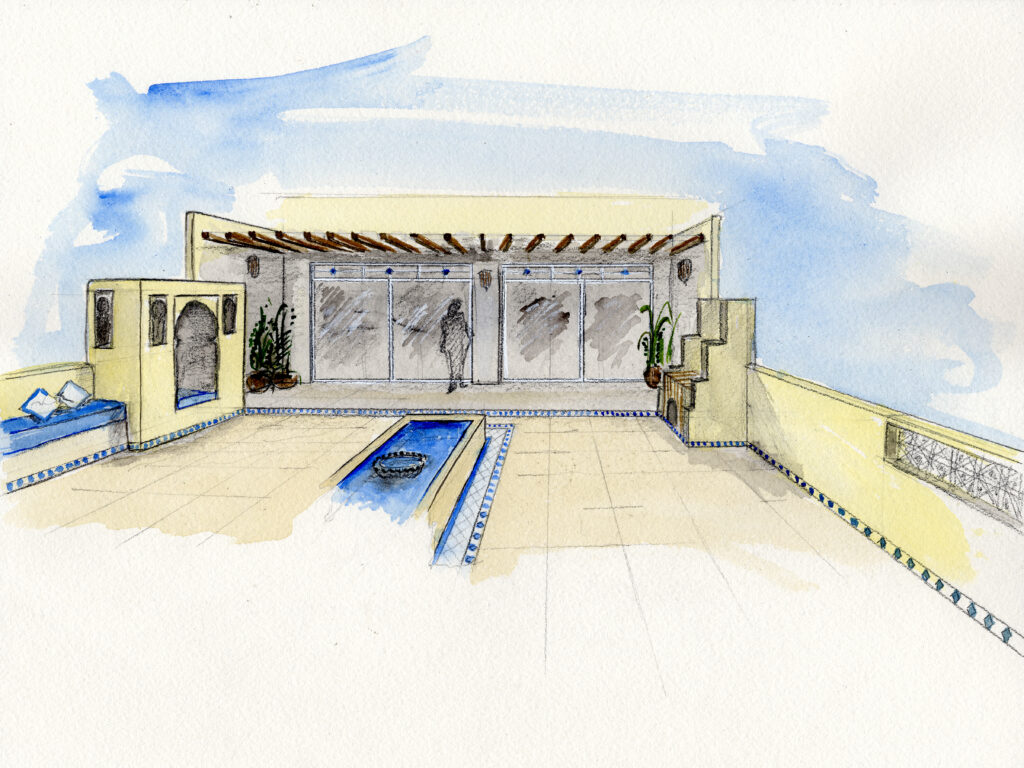 Concept water color sketch of a roof space in a chalet in Egypt with Moroccan ideas