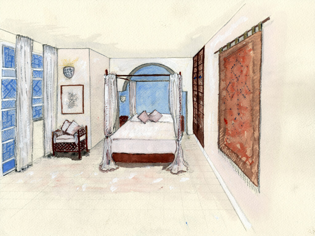 interior water color rendering of a bedroom with a touch of Moroccan flare and a 4-poster bed