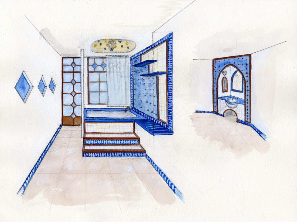 Water color sketch of a bathroom for a holiday chalet in Egypt with blue azure and tile details