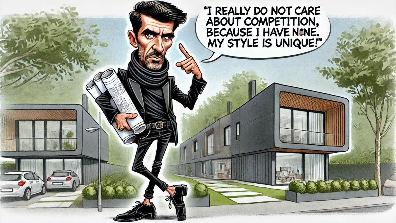 Caricature image of an architect dressed in black, holding drawings and saying 'I really do not care about competition, my style is unique"