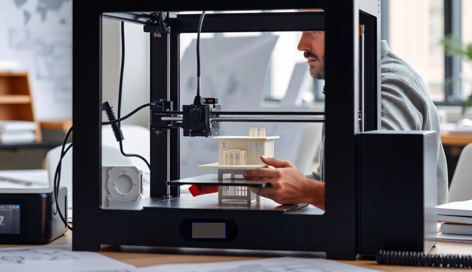 Architect with 3D printer, AI generated